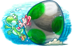 Green Yoshi & baby Mario Swimming with Mega Eggdozer Meme Template