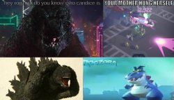 Godzilla asks Rogzora if he knows who candice is Meme Template