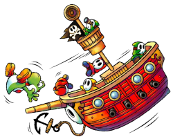 Green Yoshi on Pirate Ship with Green Yellow Red Shy Guys Meme Template