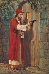 MAGA HAT JESUS KNOCKS AT DOOR WITH A GUN Meme Template