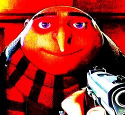 Deep-fried Version of Gru holding a Gun Meme Template