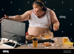 Obese man talking with a computer. close up portrait. isolated b Meme Template