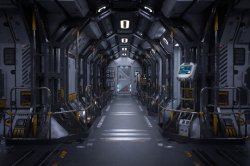 Futuristic space station or spaceship interior corridor. Science Meme Template