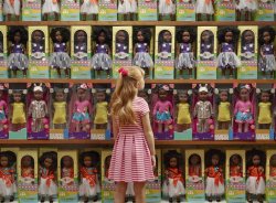 Flip the script; white girl looks at rows of black dolls JPP Meme Template