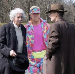 Einstein, Oppenheimer and Barbie man Meme Template