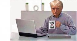 Trump drinks coffee reading laptop 2 Meme Template