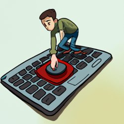 Guy on a laptop about to press a big button in the middle of the Meme Template