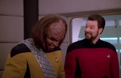 Riker Smiling Weirdly At Worf By Turbolift Meme Template