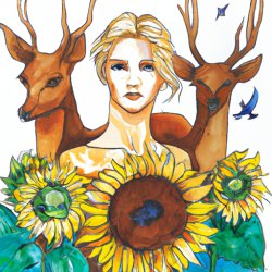 Blonde woman with many Deer and sunflowers Meme Template