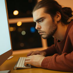 sad dev with long hair looking at his computer Meme Template