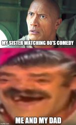 MY SISTER WATCHING 80'S COMEDY; ME AND MY DAD Meme Template