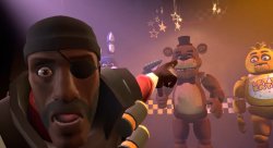 Demoman pointing at Freddy Fazbear Meme Template