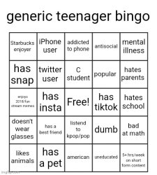 generic teenager bingo Meme Template