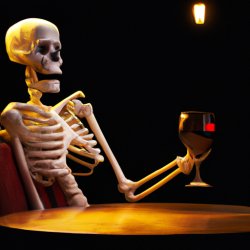 sad Skeleton sitting on an empty dark pub hold a glass of wine Meme Template