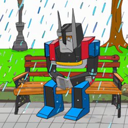 Optimus Prime sitting on a bench in a park while it's raining an Meme Template