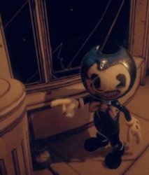 Baby Bendy Pointing At A Trash Can Meme Template