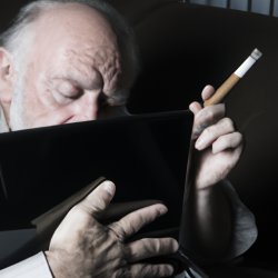 depressed old man smoking cigar at chromebook Meme Template