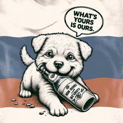faded Russian flag in background, a puppy holding a bottle of vo Meme Template