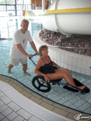 Man pushing woman into pool wheelchair Meme Template