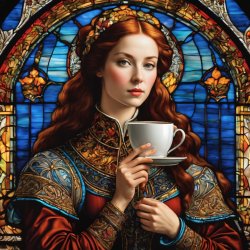 RENAISSANCE LADY WITH COFFEE CUP, STAINED GLASS WINDOW Meme Template