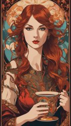 ART NOUVEAU COFFEE POSTER 14, PRETTY RED HAIR AND COFFEE CUP Meme Template