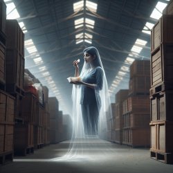 women ghost eating a snack in a warehouse Meme Template