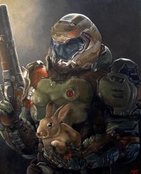 Doom guy holding a rabbit Meme Template