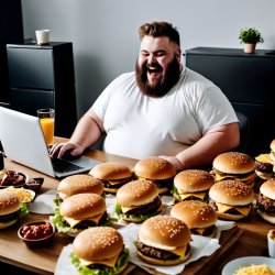 LAUGHING FAT MAN, COMPUTER, LOTS OF BURGERS Meme Template