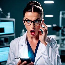 YOUNG BRUNETTE SCIENTIST, IN SHOCK, CELL PHONE Meme Template