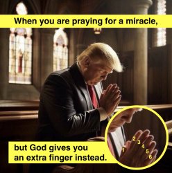 Donald Trump praying in church with six fingers meme Meme Template