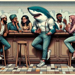 Great white shark hanging out at a bar with his friends from the Meme Template