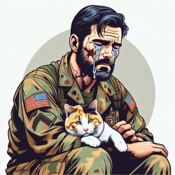 a war hero crying as a cat sits on his lap Meme Template
