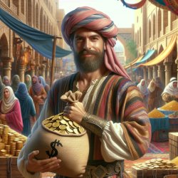 A picture of a medieval merchant holding a sack of coins with a Meme Template