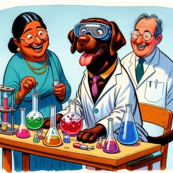 A chocolate Labrador wearing a lab coat sitting at a table playi Meme Template