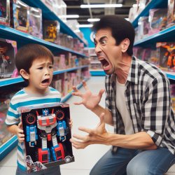 Child is buying a transformer with dad, dad is screaming to chil Meme Template