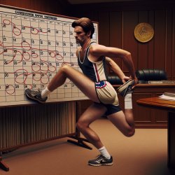 A person in a courtroom, dressed as a track runner, stretching a Meme Template