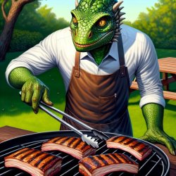 Mark zuckerburg becoming part lizard as he barbecuing some ribs Meme Template