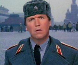 Tucker Carlson in Moscow, Russian hat, Putin suckup Meme Template