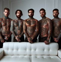 5 White guys with tattoos all over them all standing behind a wh Meme Template