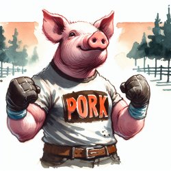 Pig with fists clenched in the air with pork on his t shirt Meme Template