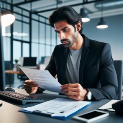 Recruiter sitting at his desk at the office looking over a resum Meme Template