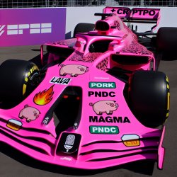 Pink formula 1 car with these slogans "PORK" " PNDC" " MAGMA" "L Meme Template