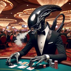 Xenomorph in tuxedo playing poker in casino smoking cigarette Meme Template