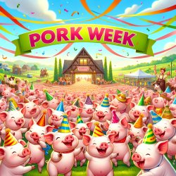 Celebration with a pig community, with banner saying " PORK WEEK Meme Template