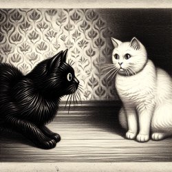 A startled black cat and a calm white cat face each other. Meme Template