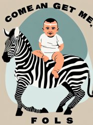 a baby siting on a zebra saying come and get me fools Meme Template