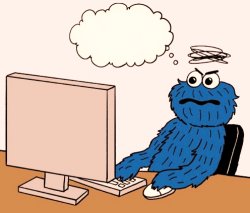 the cookie monster complains via laptop. Meme Template