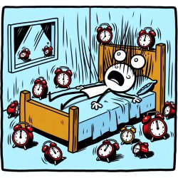 stick figure in bed surrounded by 15 alarm clock Meme Template