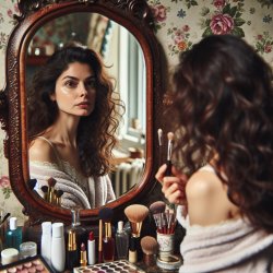 A woman staring at herself in the mirror, surrounded by cosmetic Meme Template