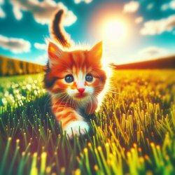 Cute kitten running through short cut grass with the Rio de Jane Meme Template